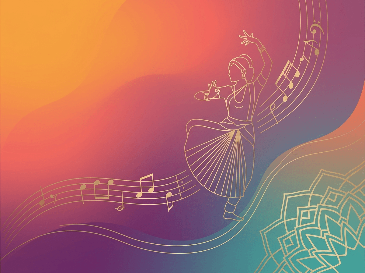 Illustration of a Bharatanatyam dancer interwoven with musical notation, in the Padhivu brand palette